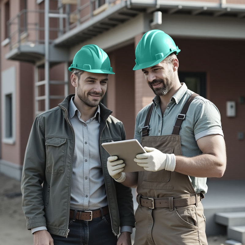 Bauleiter und Architekt begutachten einen Rohbau und werfen einen Blick auf ein Tablet mit den Bauplänen